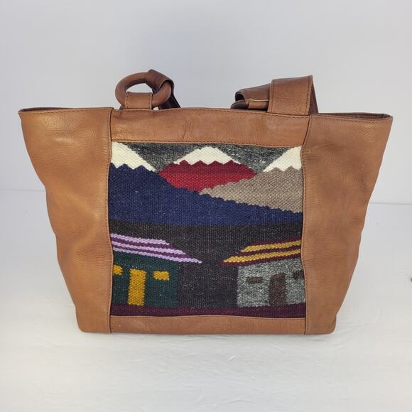 American Angel Colombian Leather Tote Bag Handwoven Tapestry Art Boho Southwest - Picture 1 of 15